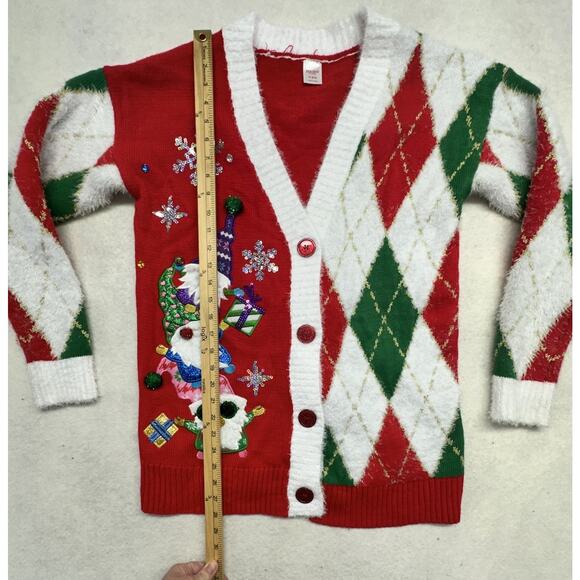 Ugly Christmas Sweater Cardigan Womens M Gnomes Button Down Red Green Button - Picture 4 of 8